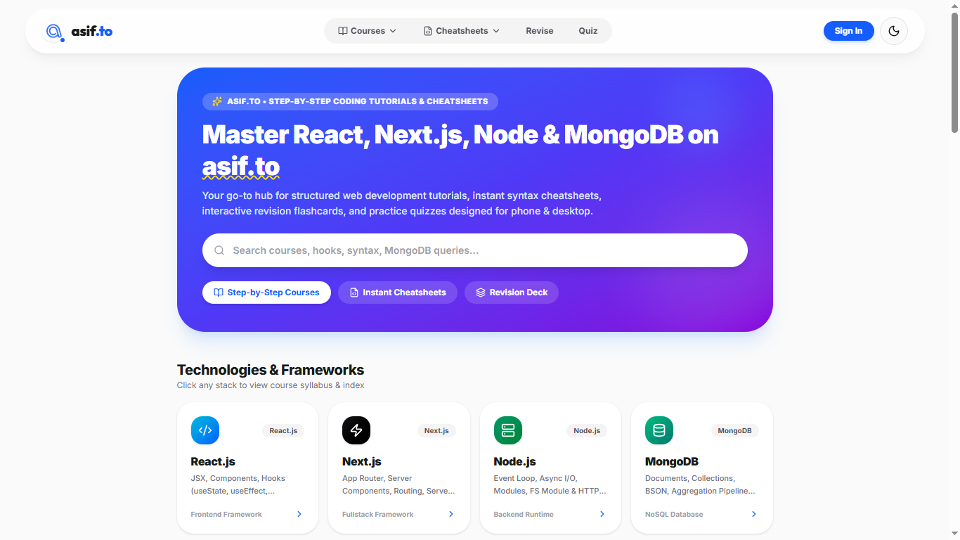 Asif.to coding tutorial and developer education platform interface